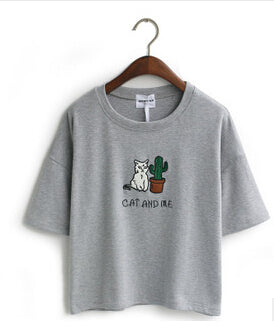 cat embroidery cotton tops shirt