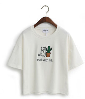 cat embroidery cotton tops shirt