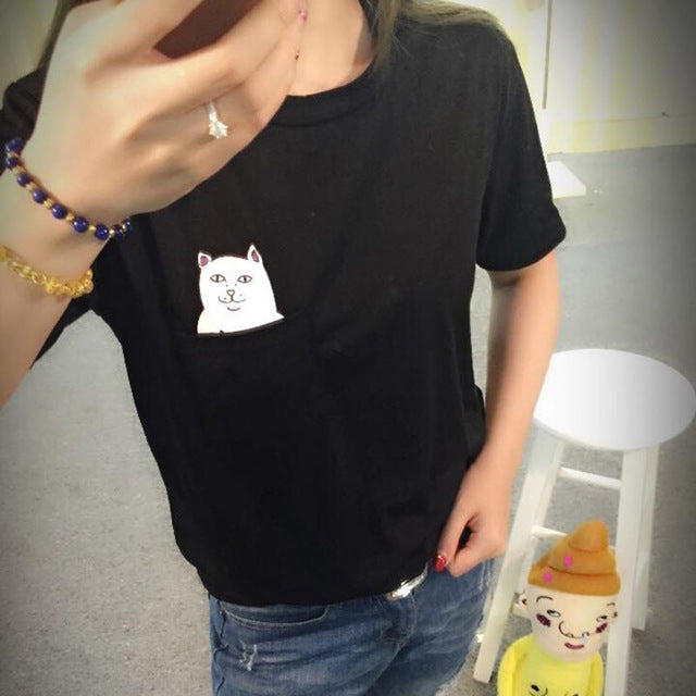Cat Print Pockets Short Sleeve Cotton T-shirts
