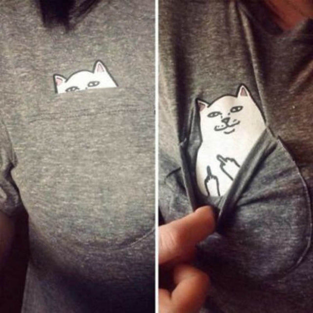 Cat Print Pockets Short Sleeve Cotton T-shirts
