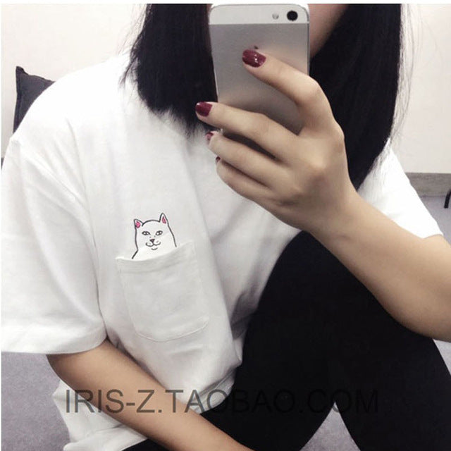 Cat Print Pockets Short Sleeve Cotton T-shirts