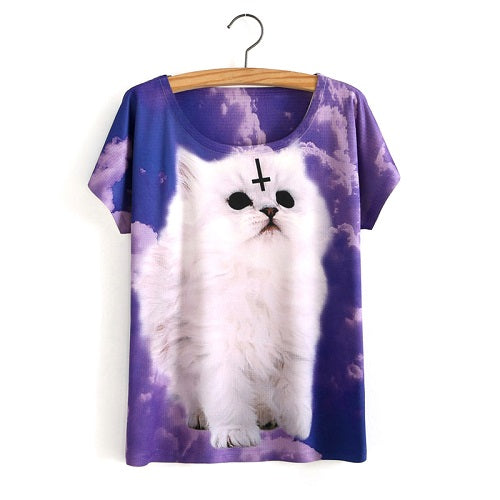 3D Satan Cat Print Casual T-shirt Tops