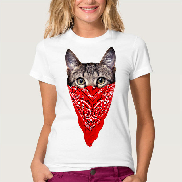 Funny Printed Masked Cat Tees For Women