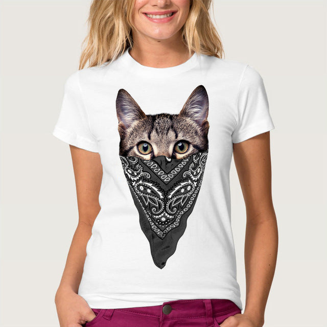 Funny Printed Masked Cat Tees For Women