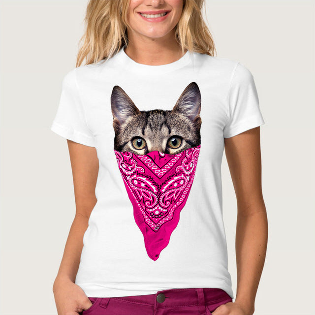 Funny Printed Masked Cat Tees For Women