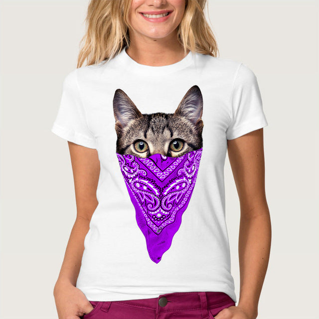 Funny Printed Masked Cat Tees For Women