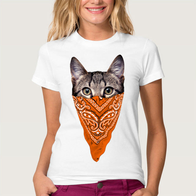 Funny Printed Masked Cat Tees For Women
