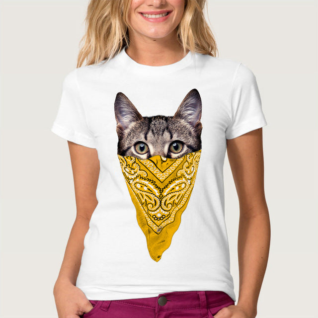 Funny Printed Masked Cat Tees For Women