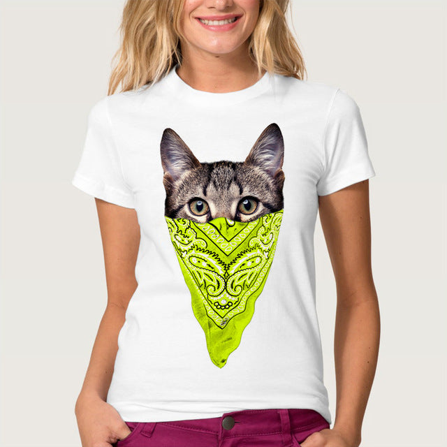 Funny Printed Masked Cat Tees For Women