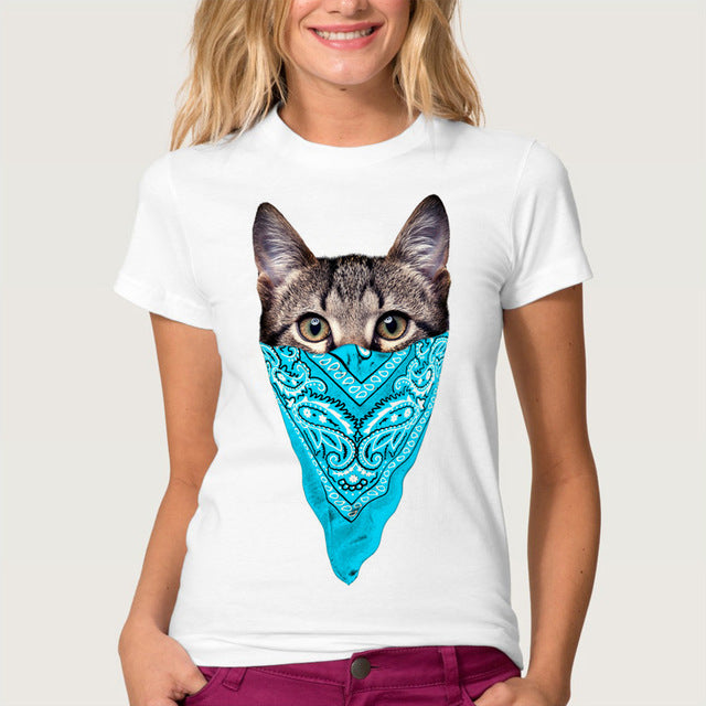 Funny Printed Masked Cat Tees For Women