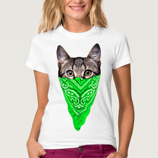 Funny Printed Masked Cat Tees For Women
