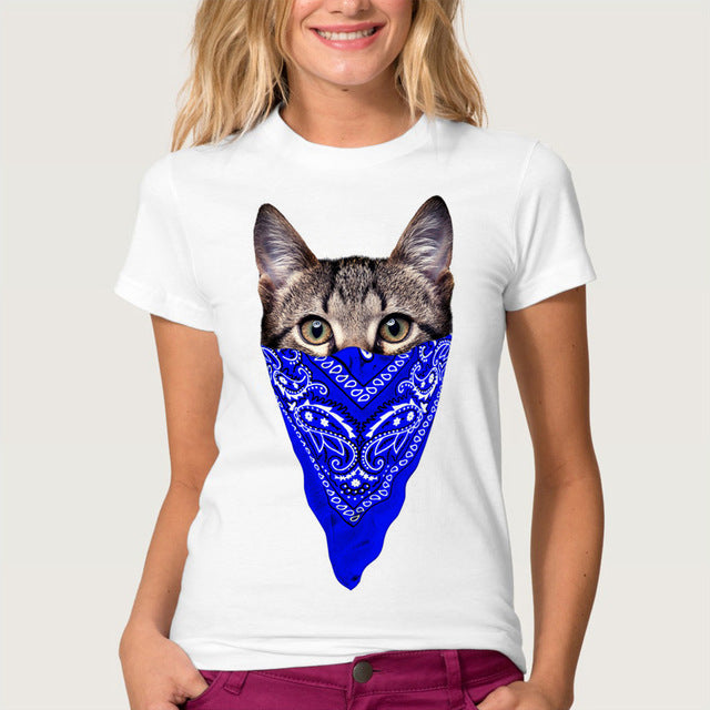 Funny Printed Masked Cat Tees For Women