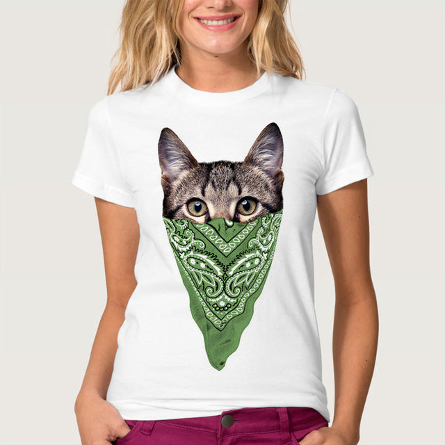 Funny Printed Masked Cat Tees For Women
