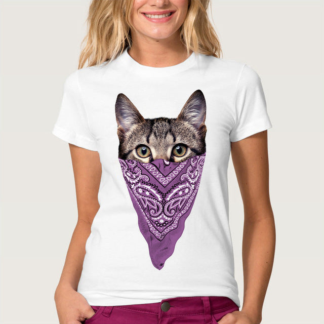 Funny Printed Masked Cat Tees For Women