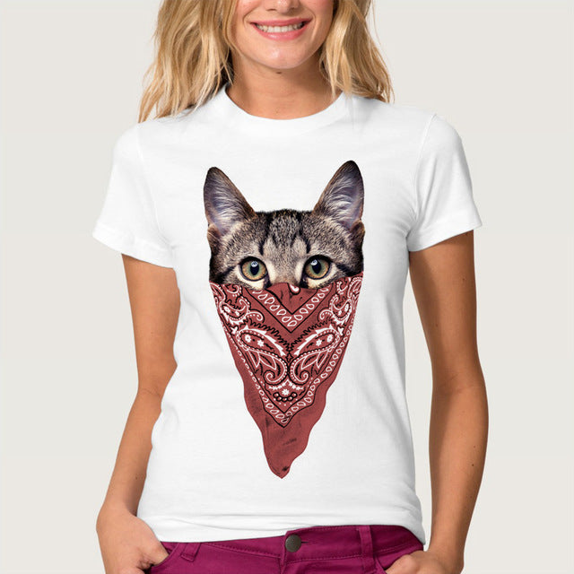Funny Printed Masked Cat Tees For Women