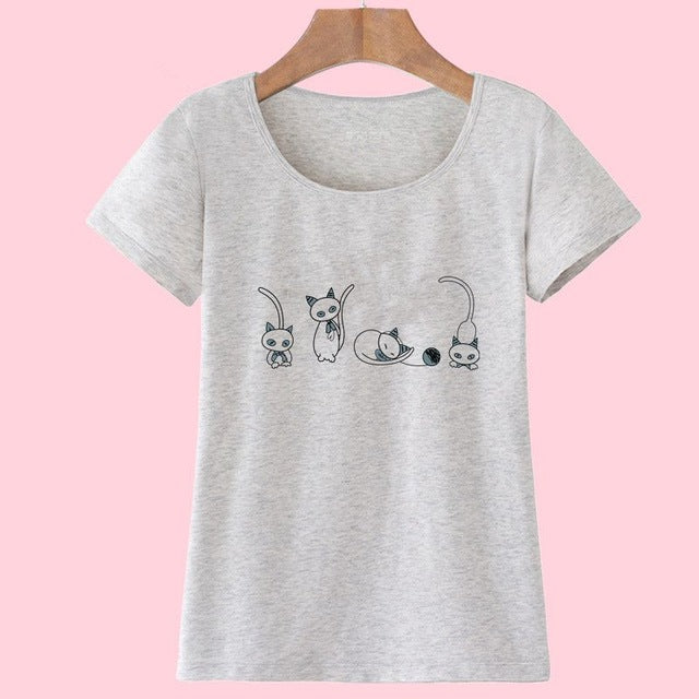 Newest Fashion Funny Kawaii Posture Cat Printed Women T shirt
