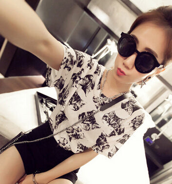 Summer Fashion Cat Printed T shirt Woman Short Sleeve Round Neck Tshirt