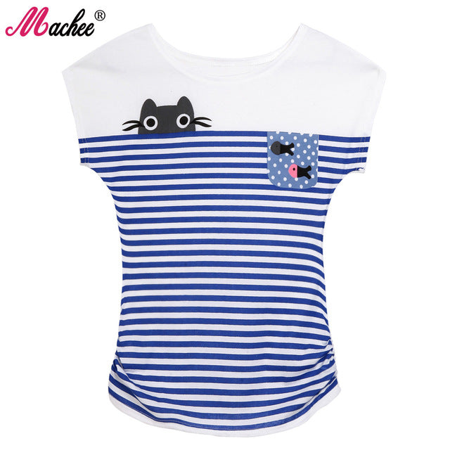 Cotton Short Sleeve Cat Printed Loose Women's Tshirts