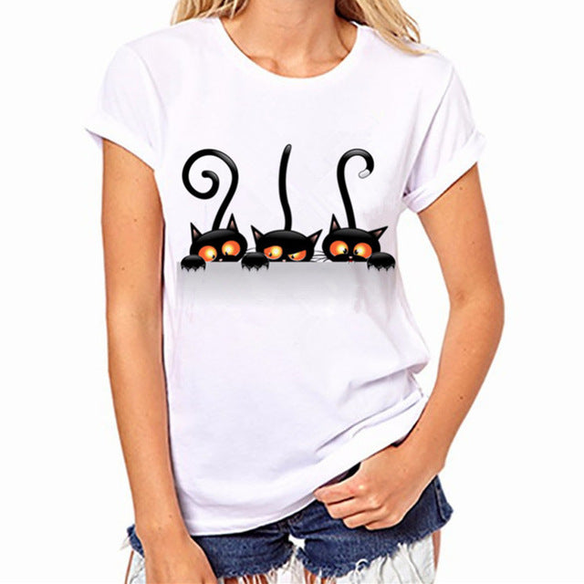 Funny Black Cat Prints Simple casual short sleeve O-neck women's t shirt