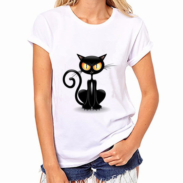 Funny Black Cat Prints Simple casual short sleeve O-neck women's t shirt