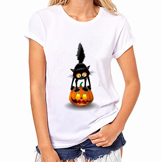 Funny Black Cat Prints Simple casual short sleeve O-neck women's t shirt