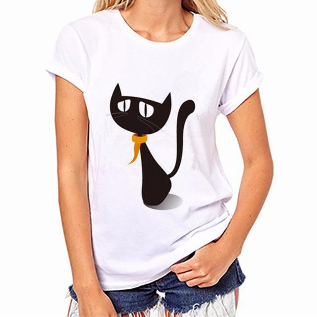 Funny Black Cat Prints Simple casual short sleeve O-neck women's t shirt
