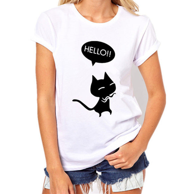Funny Black Cat Prints Simple casual short sleeve O-neck women's t shirt