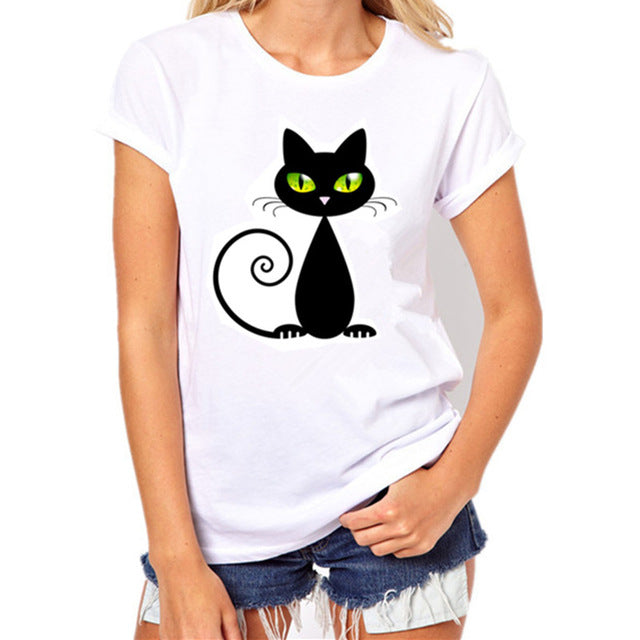 Funny Black Cat Prints Simple casual short sleeve O-neck women's t shirt
