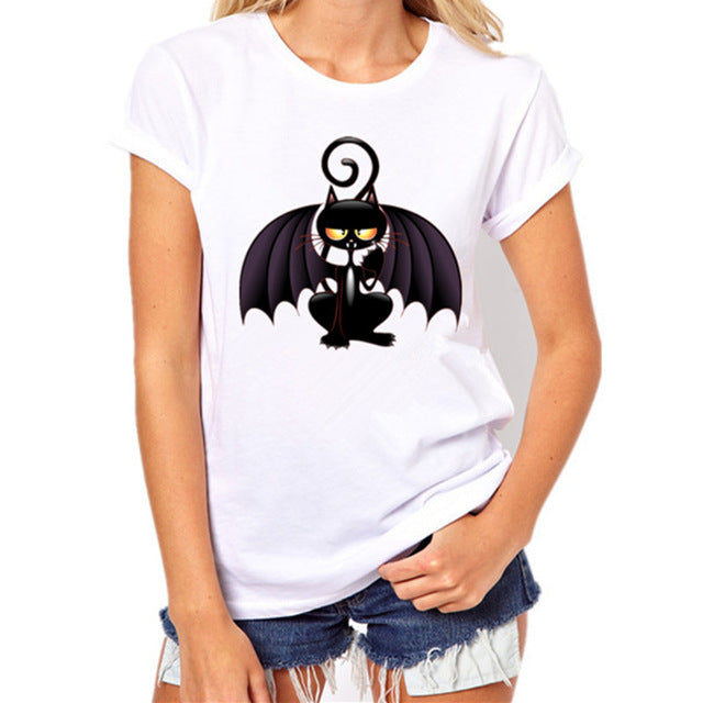 Funny Black Cat Prints Simple casual short sleeve O-neck women's t shirt