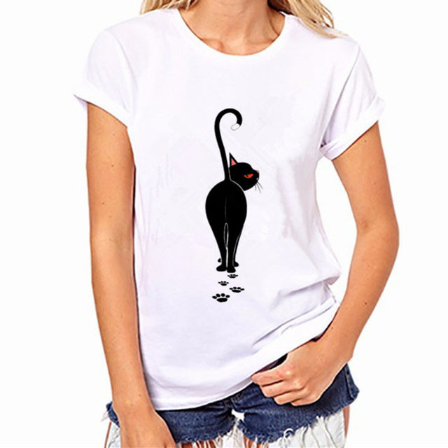 Funny Black Cat Prints Simple casual short sleeve O-neck women's t shirt