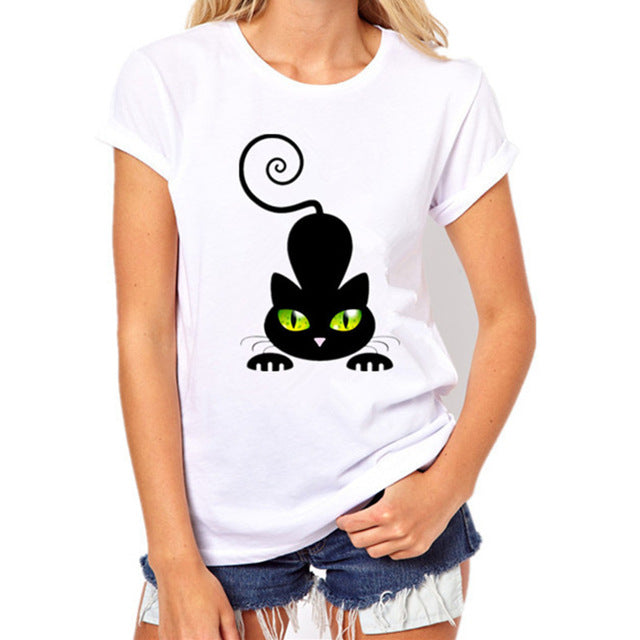 Funny Black Cat Prints Simple casual short sleeve O-neck women's t shirt