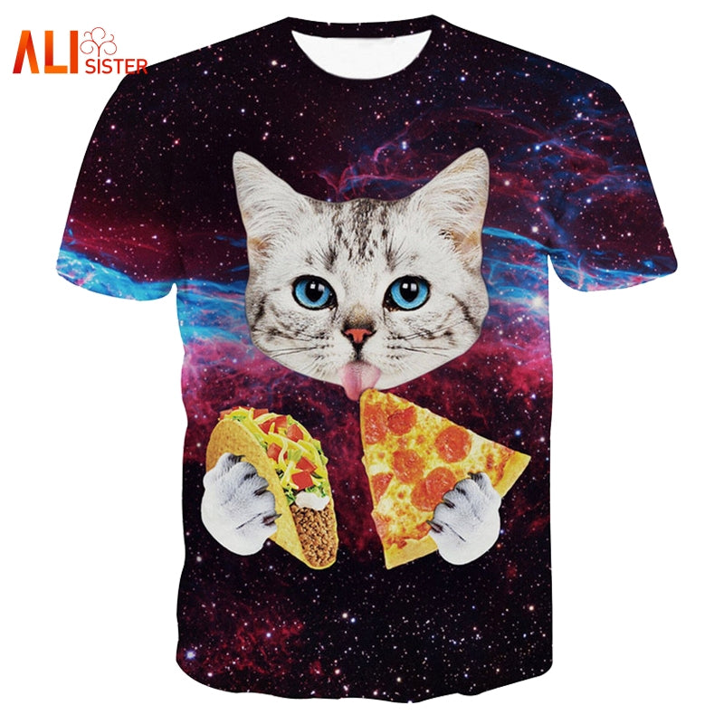 3d Cat Eating Tacos Pizza Shirts Galaxy Space Tee Tops