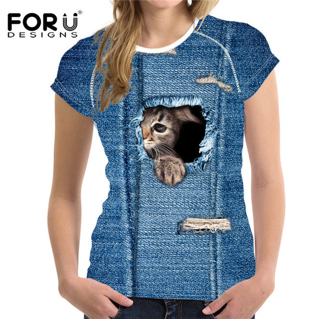 FORUDESIGNS Black Cat Printing Women T Shirt