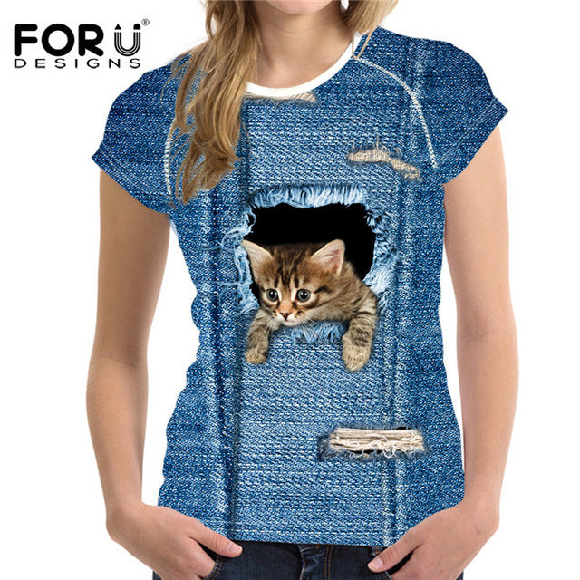 FORUDESIGNS Black Cat Printing Women T Shirt