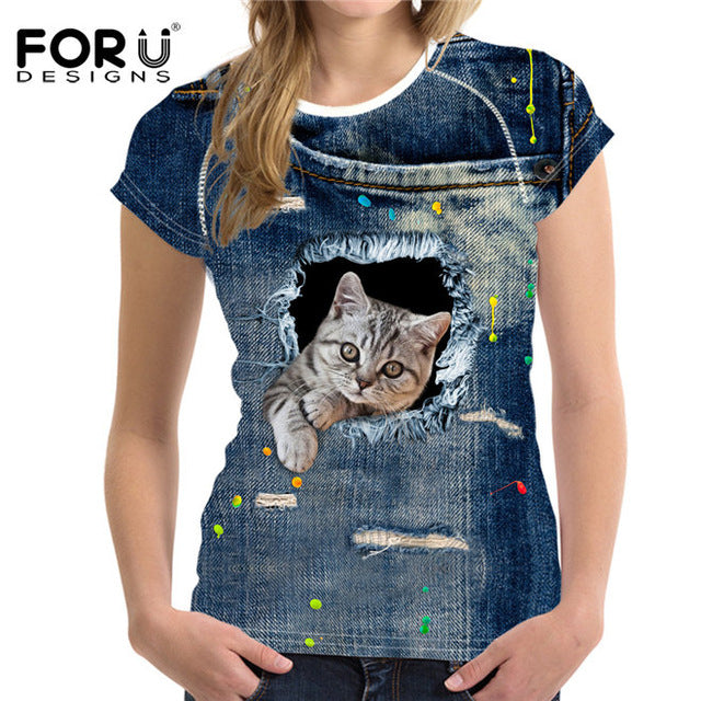 FORUDESIGNS Black Cat Printing Women T Shirt