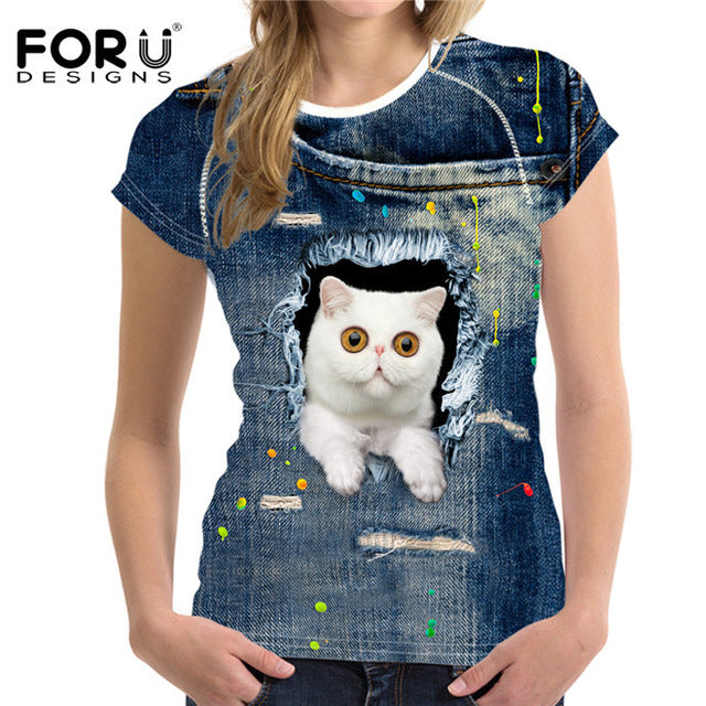 FORUDESIGNS Black Cat Printing Women T Shirt