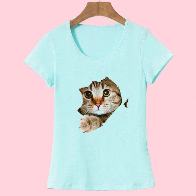 Cat Print O-Neck Short Sleeve T Shirt