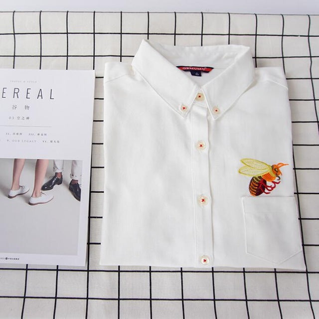 High Quality Woman Fashion Cute Turndown Collar Cat Embroidery Long Sleeve Work T-shirt
