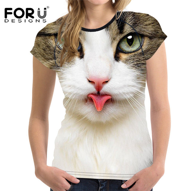 FORUDESIGNS Black 3D Cat Animal Women Casual T Shirt