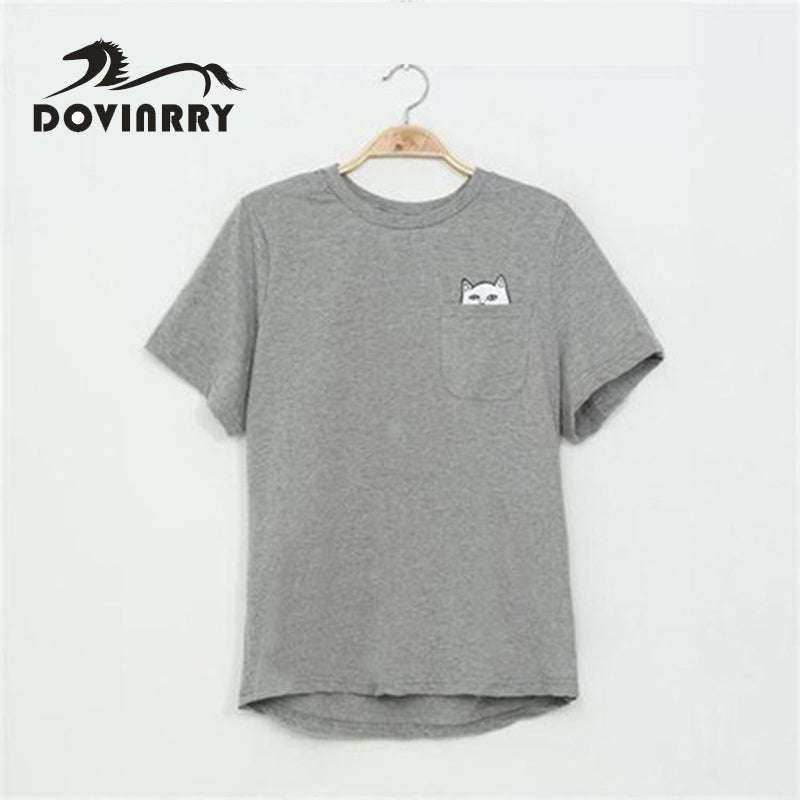 Printed Pocket Cat Top Cute Tee Harajuku