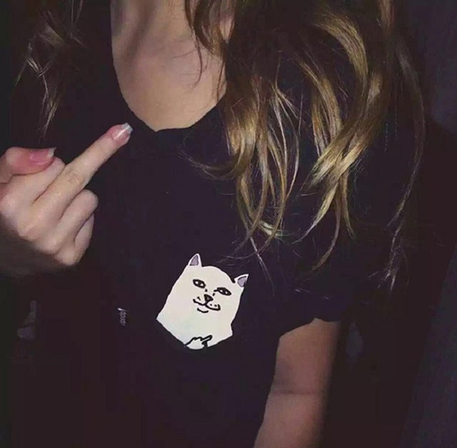 Printed Pocket Cat Top Cute Tee Harajuku