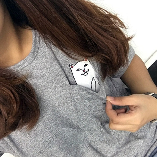 Printed Pocket Cat Top Cute Tee Harajuku