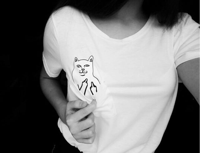 Printed Pocket Cat Top Cute Tee Harajuku