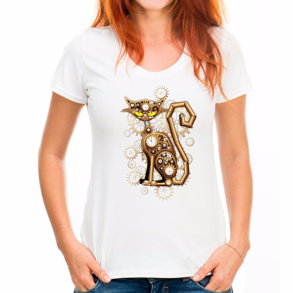 Novelty Steam Punk Style Gold Cat Design T shirt