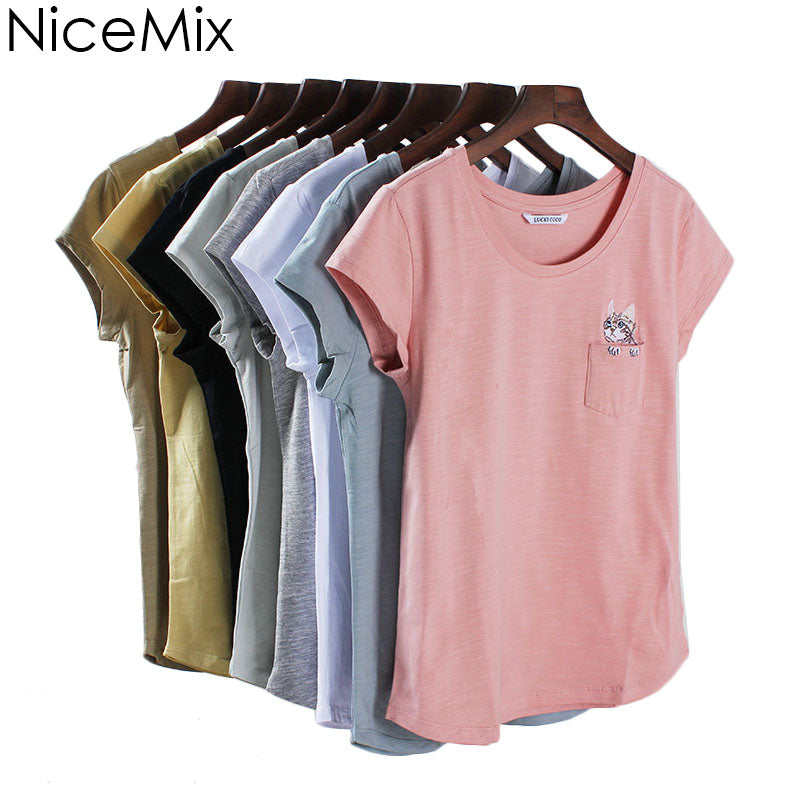 Women Cotton Harajuku Tops Sweet Pocket Cat Tee Shirt