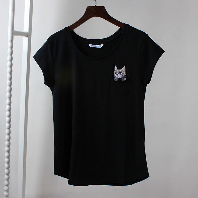 Women Cotton Harajuku Tops Sweet Pocket Cat Tee Shirt