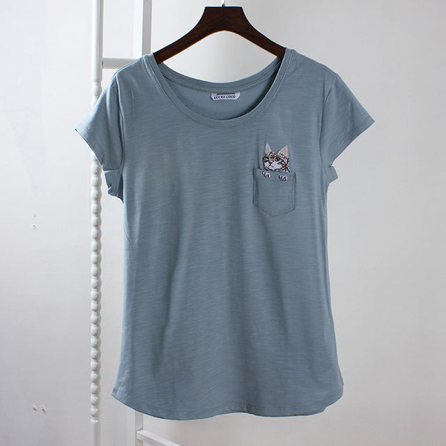 Women Cotton Harajuku Tops Sweet Pocket Cat Tee Shirt