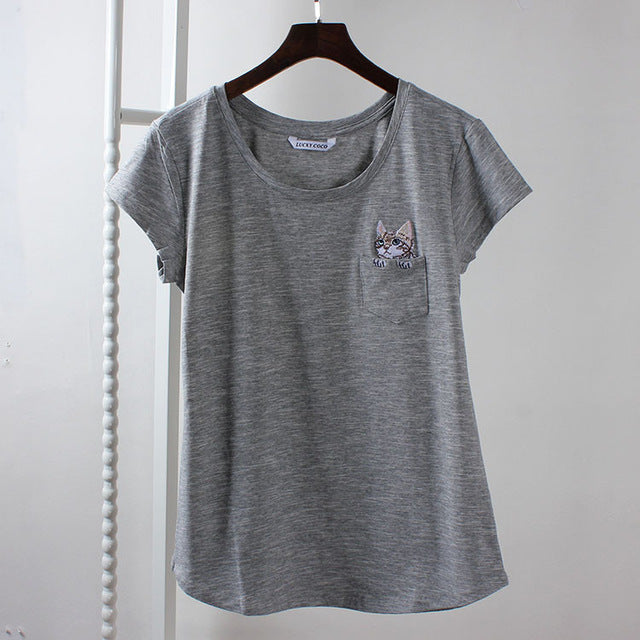 Women Cotton Harajuku Tops Sweet Pocket Cat Tee Shirt