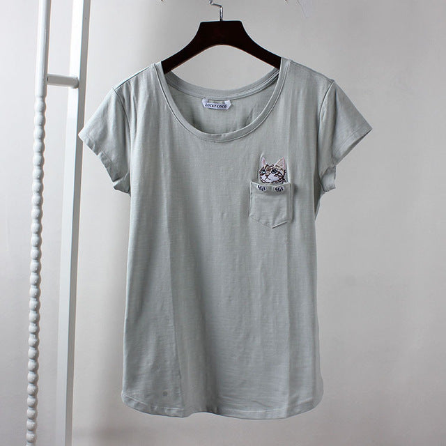 Women Cotton Harajuku Tops Sweet Pocket Cat Tee Shirt