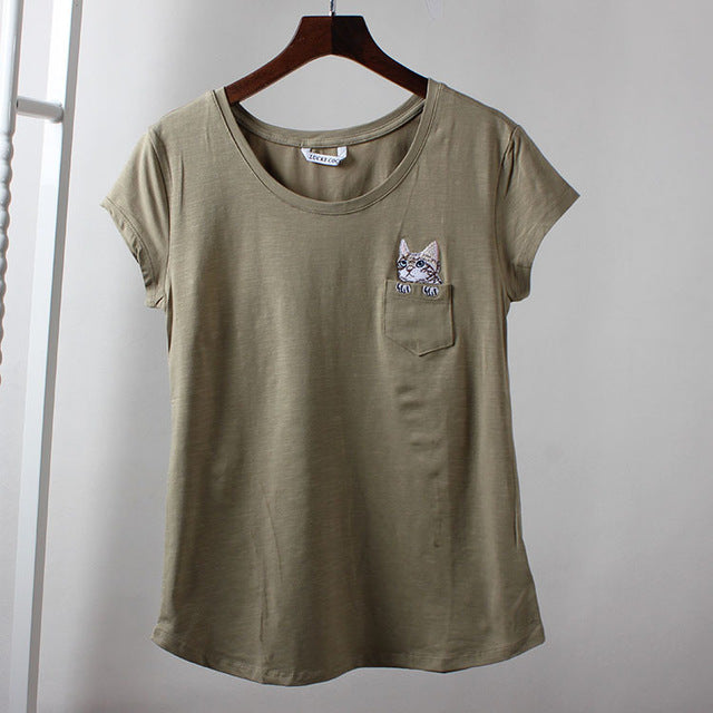 Women Cotton Harajuku Tops Sweet Pocket Cat Tee Shirt